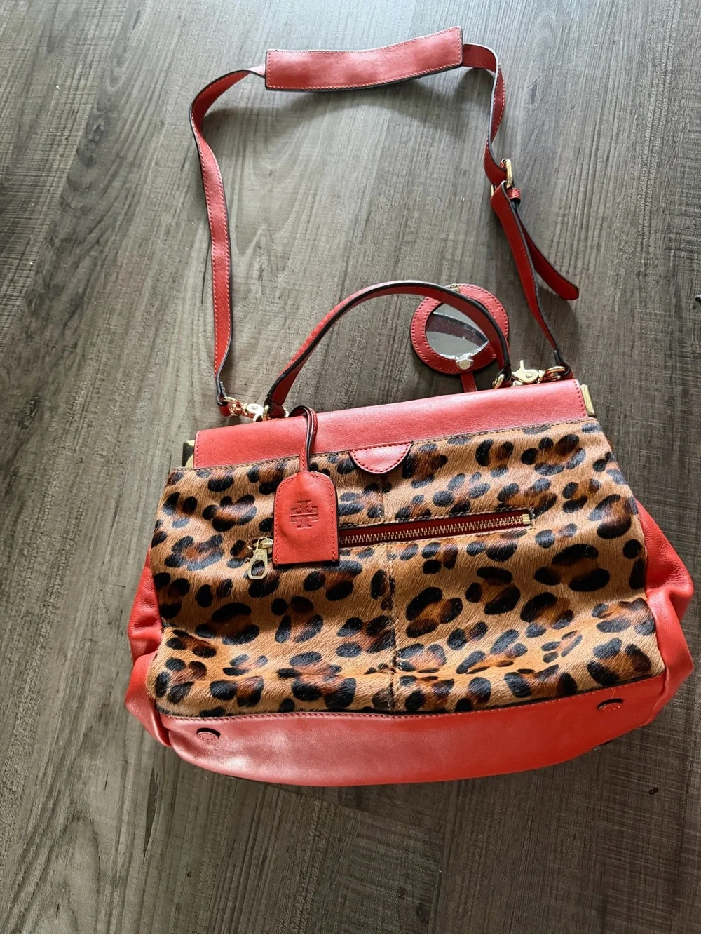Tory Burch Red Leather Shoulder Bag with Leopard Print Panel